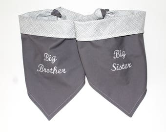 Dog Bandana - Pregnancy Annoucement Big Brother Big Sister - white lettering on gray, with white and silver backing