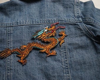 Dragon patch orange fusible badge applique 18cm x 8 cm