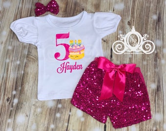 Shopkins Birthday Shirt, Cake Birthday Shirt, Shopkins Outfit with Sequin Pants, Personalized with Name and Age