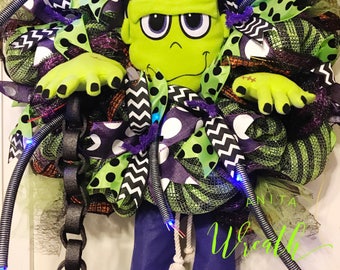 Frankenstein Wreath, Halloween Wreaths For Front Door, Door Wreath, Deco Mesh Wreath, Halloween Decor, Fall Wreath, Front Door Wreath