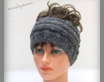 Messy Bun Headband, Knitted Ponytail Headband, Gray Headband, Wide Headband, Knit Headband