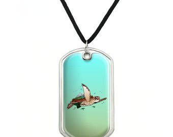 Sea Turtle Flying Military Dog Tag Pendant Necklace with Cord