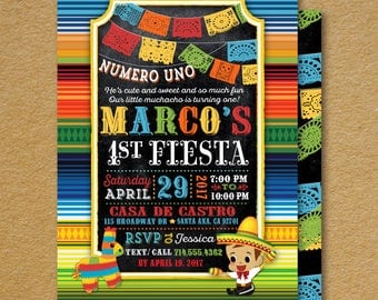 Digital Fiesta 1st Birthday Invitations, Paper Flags Fiesta Invitation, Mexican Fiesta 1st Birthday Invitations, Fiesta Theme, DI-3007FC