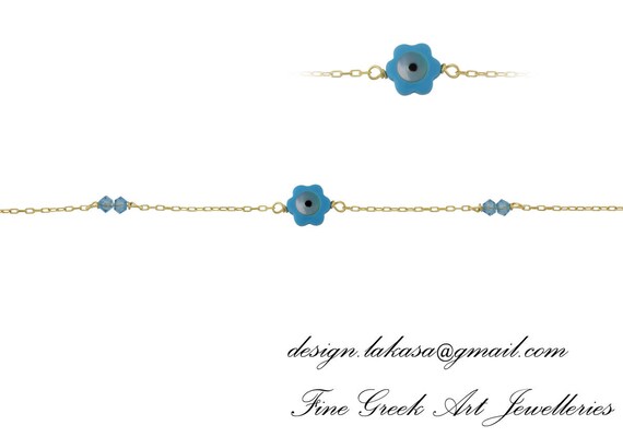 Μother-of-pearl Flower Eye Bracelet Sterling Silver Gold plated Fine Jewelry Swarovski Crystals mama friendship baby bath baptism boy girl