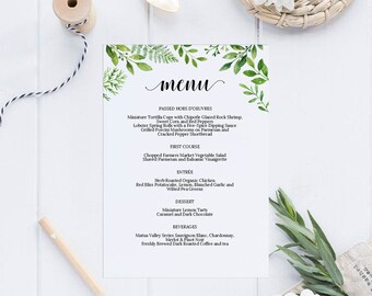Greenery Printable Wedding Menu Template, Menu Cards,Menu Template, Editable Menu, Rustic Wedding, Editable PDF Instant Download #E032