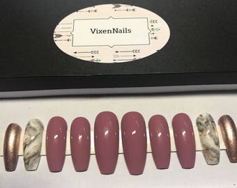 Glue Included | Mauve Marble Rose Gold Press On Nails | Glue On Nails | Fake Nails | False Nails