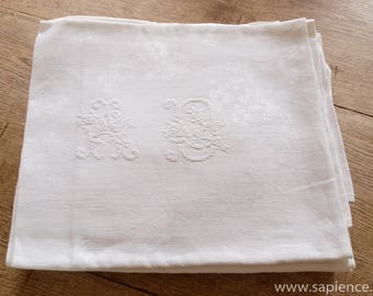 Set of 7 large antique French linen damask napkins with monogram AD embroidered XXL