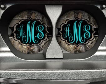 Personalized Monogrammed Car Coasters Aqua Black Ribbon Camo , Cup Holder Coaster, Custom Gift, Sandstone Coaster