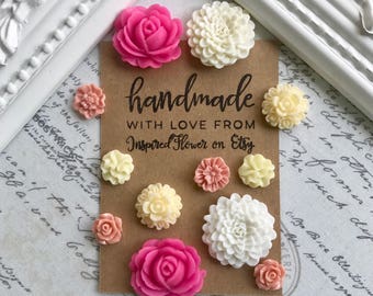 12 Pink Flower Magnets, Decorative Magnets, Floral Magnets, Kitchen Fridge Magnets, Home Office Decor, Magnet Board