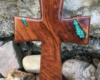 Wooden Mesquite Cross with Turquoise Inlay