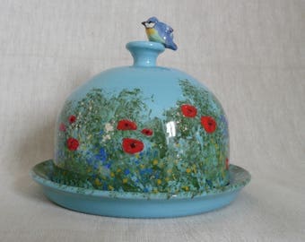 Butter dish Handmade butter or cheese dome. Bird watchers gift. Garden butter dish with blue tit. Garden cheese dome with blue tit.