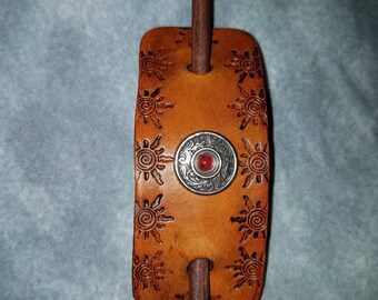 Leather Barrette with Red Stone Concho