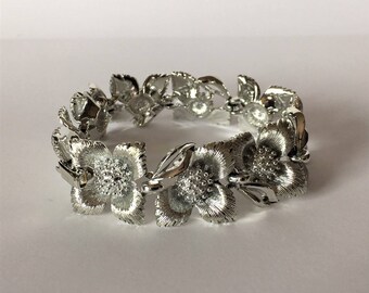 Vintage Lisner Silver Tone Mid Century Poppy Flower Bracelet