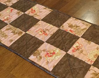 Brown and Peach Quilted Table Runner, Peach Table Runner, Brown Table Runner, Quilted Dresser Scarf, Quilted Dresser Runner, Table Quilt