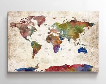 Large Wall Art World Map Push Pin Canvas Print, Push Pin, World Map, Push Pin Map Wall Art Poster Print, Pushpin World Map Print Art,