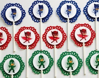 12 PJ Masks Cupcake Topper Party Picks - catboy - gecko - owlette -