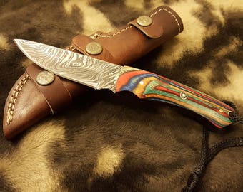 Bush Craft Damascus Knife with Fabulous Mosaic Pin & Exotic Wood ''7.5'' A50