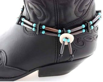 Native American style bone hair pipe choker boot straps brown tube bead turquoise bead boot bling cowboy western biker festival boot straps