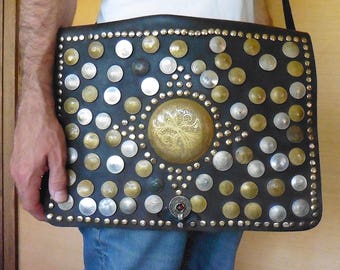 Authentic Old Leather BAG Guerrab Boho Sac Cuir + Antique Coins Nomad Computer Bag Maroc Porteur d eau GUERRAB