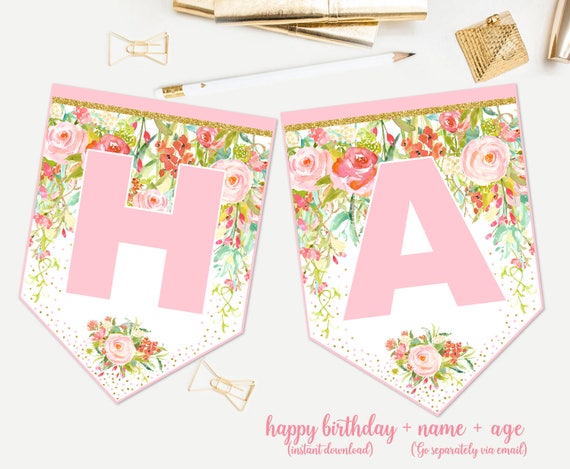 Floral birthday banner Happy birthday banner Pink and gold