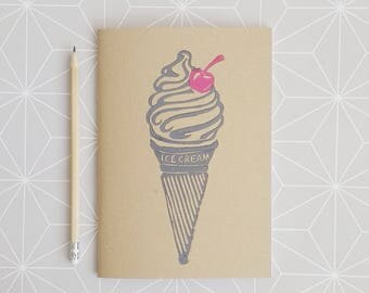 Ice Cream Notebook, Travel Journel, Lino print Sketchbook, Travelers notebook, A5 Notebook, Handprinted Journel, Ice cream stationary.