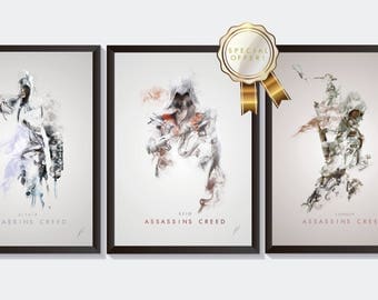 Assassins Creed Art Bundle - Ezio Poster Print - Assassins Creed Wall Art - Ezio Portrait - Game Wall Decor - Game Art - Connor Drawing