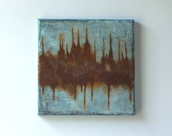 Rust and blue original abstract ready to hang painting Wabi-sabi beautiful decay real rust mixed media