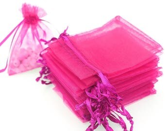 50 Hot Pink Organza Bags - 4x6 Inch Sheer Fabric Wedding Favor Bags With Drawstring - Sheer Jewelry Bags - Ships Within 24 Hours