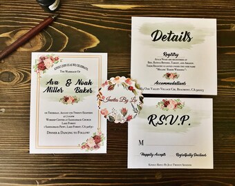 Elegant Green Watercolor Wedding Invitation Set Printable Template