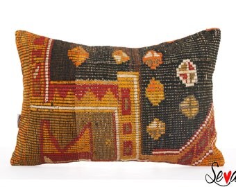 Kilim Motifs Hand-made Turkish Kilim Pillow 16x24" Decorative Cushion Cover Sofa Couch Throw Pillowcase