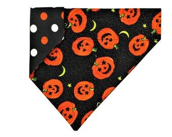 Halloween Dog Bandana –Sparkle Pumpkins and Polka Dots–Reversible–Slides on Collar