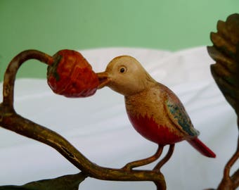 vintage pair of tole metal candelabra/candle holders with birds and strawberries