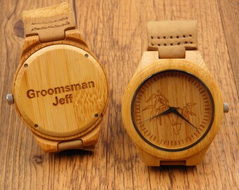 Engraved Bamboo Wooden Watch,Father Giftwith Genuine Leather,mens watch,groomsmen gift,wood watch,Boyfriend Gift,Wood leather watches