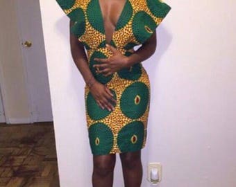 Cream and Green Round Pattern African Print/Ankara Casual Dress for Women