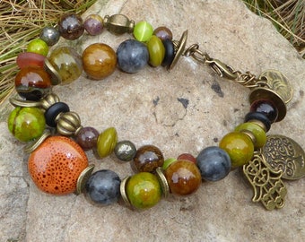 Bracelet Bohemian ethnic lands of Africa rust, olive green and Brown, 2 rows, double twist