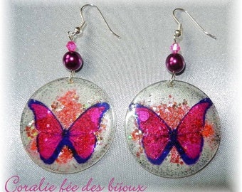 Butterfly resin glitter Crystal/Crystal/glass beads earrings