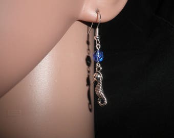 01195 - Stud Earrings, seahorse and blue glass bead