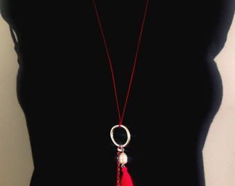 Raspberry cotton cord, and pink and silver pendant necklace