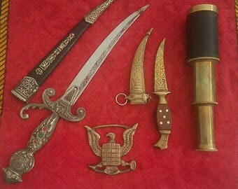 Group of antiques ( Daggers , Telescope and Vintage English Horse)