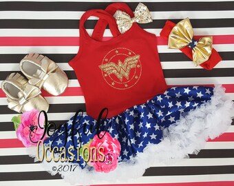 Wonder Woman Tutu Dress Costume - Cute 2pc Glitter Halloween Superhero Toddler Girls Tutu Dresses With Matching Headband Birthday Outfit