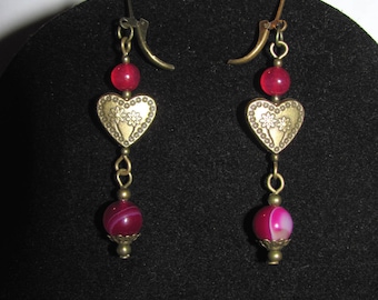 Fuscia pink agate and worked heart earrings