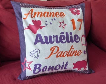 Personalized purple cushion 40 x 40 cm with names, words and fabrics you choose