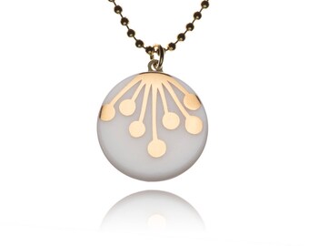 Porcelain ball chain necklace pendant round decorative motif: Umbel gold on white