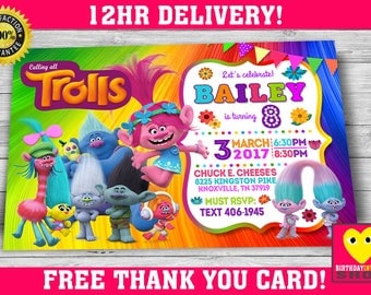 Trolls Birthday Invitation with FREE Thank you Card!