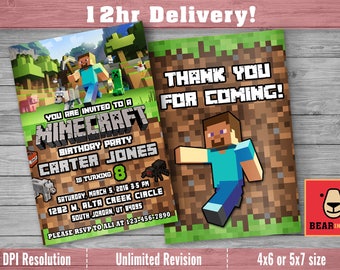 Minecraft Birthday Invitation with FREE Thank you Card! Minecraft Invitations,Minecraft birthday party invites, Minecraft party supplies