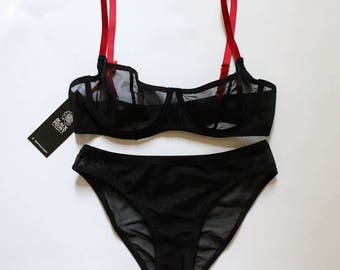 Black sheer mesh lingerie set. Red velvet straps. Transparent sexy underwire bra. Romantic Honeymoon. Mesh bra. Mesh panties. Black set