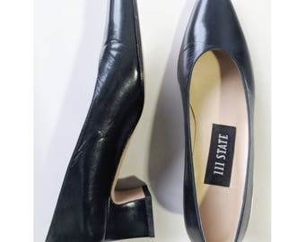 navy leather block heels