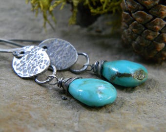 sleeping beauty turquoise earrings - rustic, hammered and oxidized sterling silver - dangle earrings