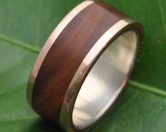 Size 7.5, 8.5mm READY TO SHIP Rose Gold Wood Ring Lados Guayacán, Lignum Vitae Rose Gold Ring, wood wedding band, 14k pink gold wood ring