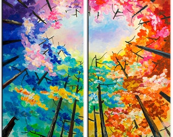 Looking Up Red Maple art Autumn landscape painting acrylic painting, original large canvas 48x48 Abstract painting by Tim Lam